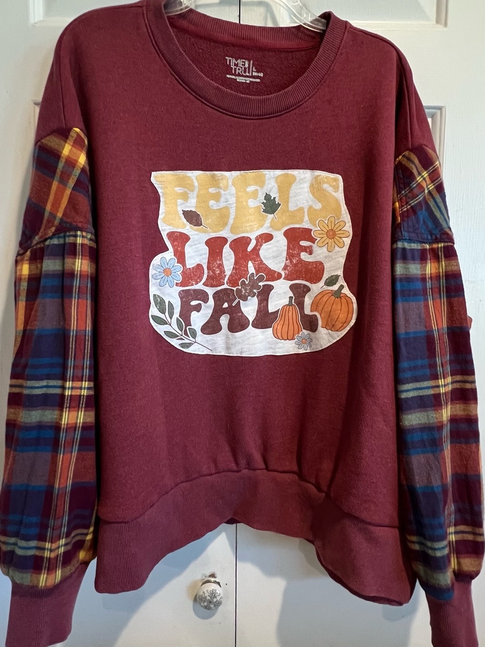 Upcycled 🍁Sweatshirt- Burgundy "Feels Like Fall" w Added Plaid Sleeves